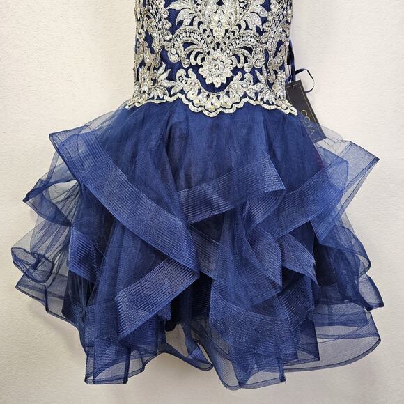 NWT Coya Collection Formal Mini Dress Gown Tulle Ruffle Beaded Halter Blue M - Picture 3 of 16